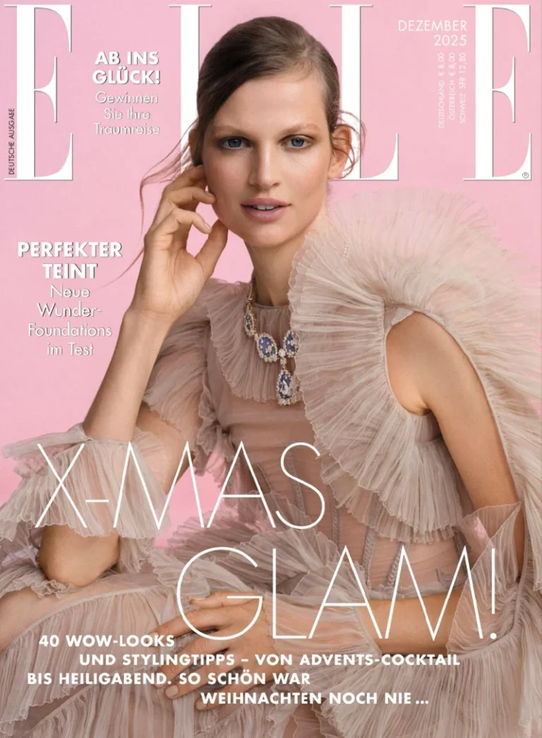 Bette Franke wearing ruffled Dior Haute Couture gown on ELLE Germany December 2025 cover