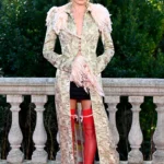 Margot Robbie styled in vintage Galliano floral coat with red stockings in London