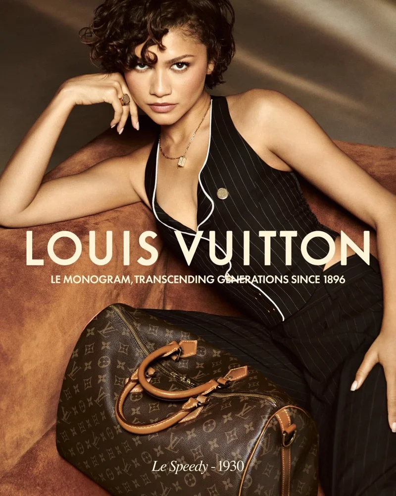 Zendaya wearing a black pinstriped halter vest in Louis Vuitton Monogram campaign