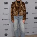 Gillian Jacobs wearing leopard-print jacket at Sundance 2026