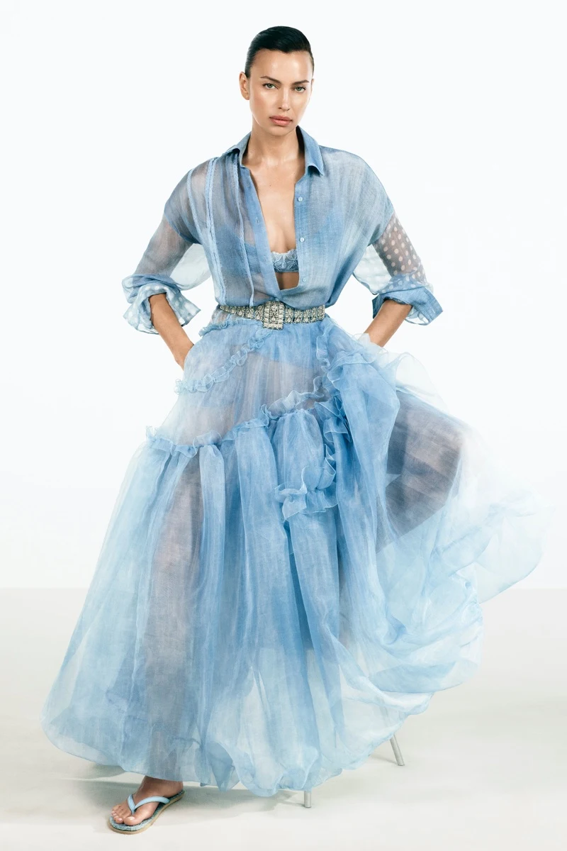 Irina Shayk wearing sheer indigo Ermanno Scervino look for Spring 2026 campaign