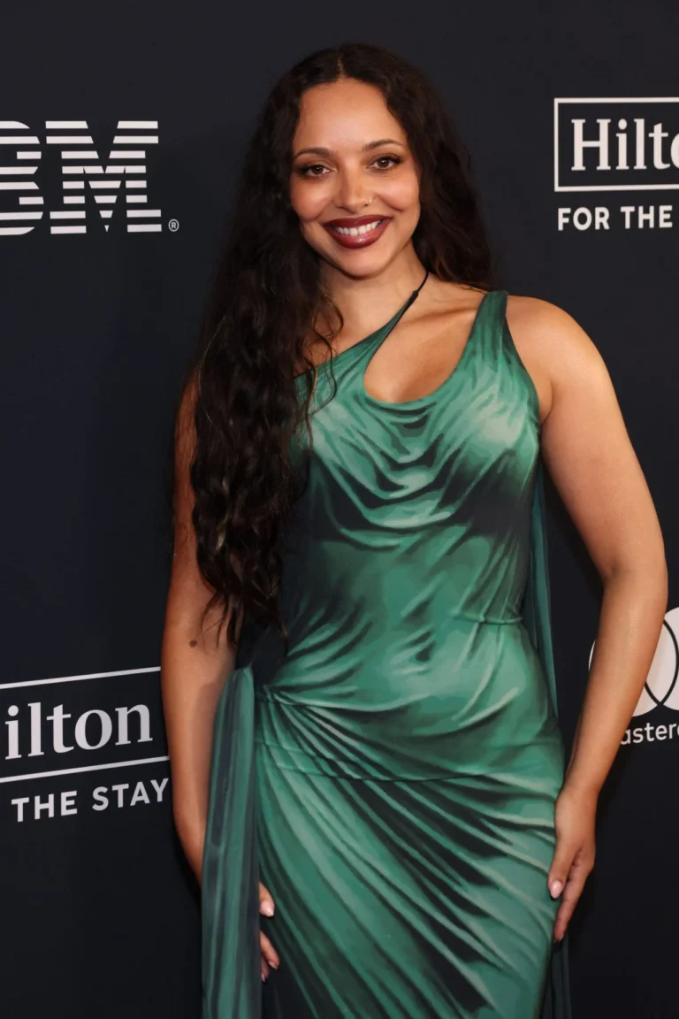 Jade Thirlwall red carpet style in fluid green dress