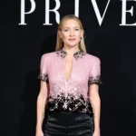 Kate Hudson in lavender sequin plunging top at Giorgio Armani Privé Paris show