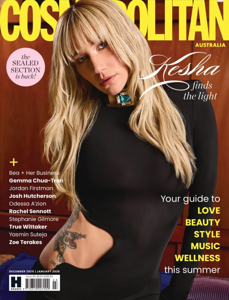 Kesha in black cutout dress revealing dragon tattoo on Cosmopolitan Australia cover
