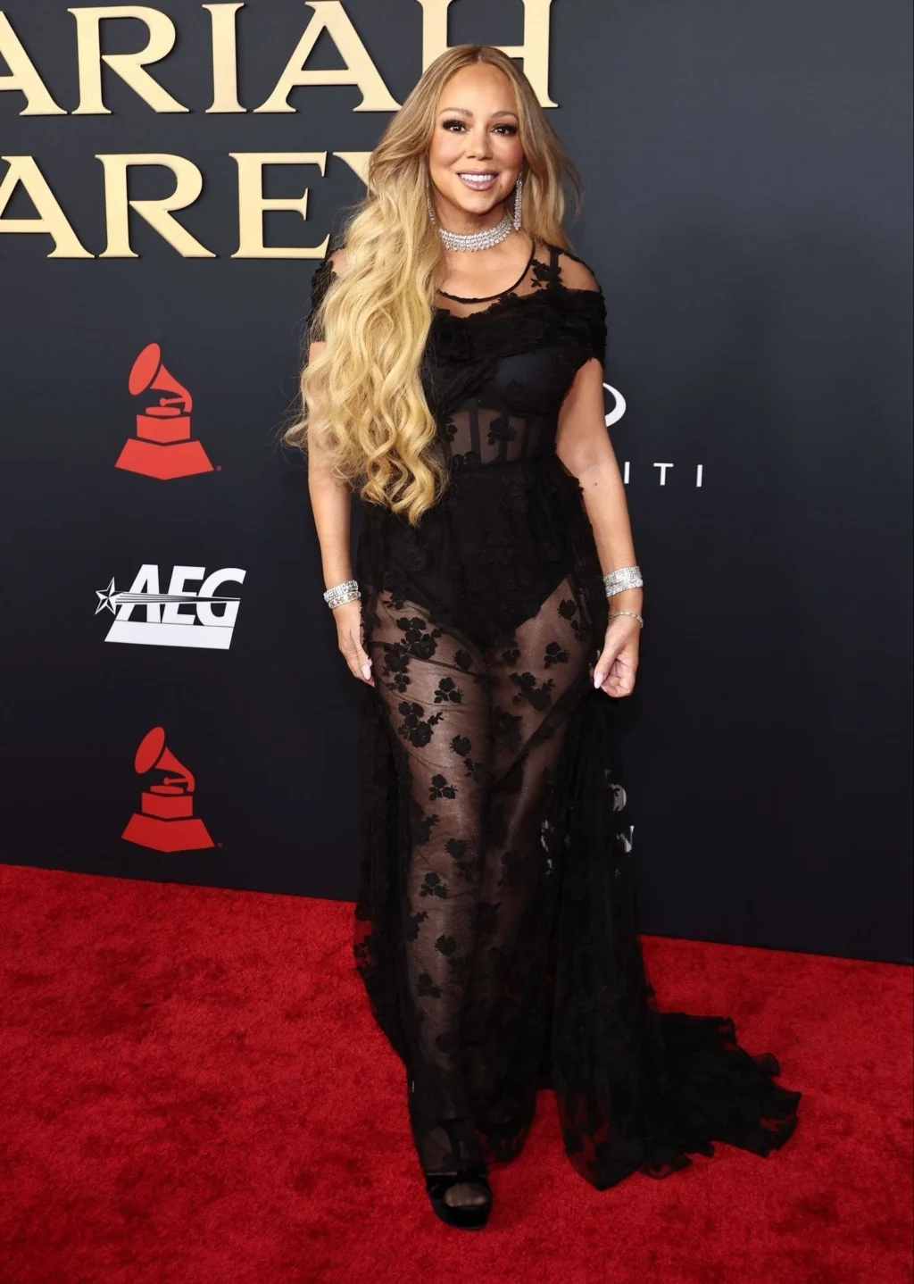 Mariah Carey at pre-Grammys Person of the Year gala wearing a sheer black gown