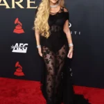 Mariah Carey at pre-Grammys Person of the Year gala wearing a sheer black gown